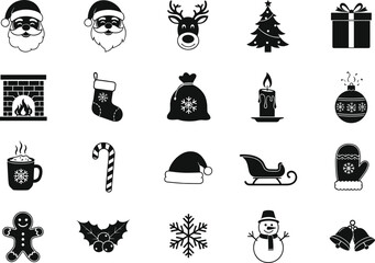 Christmas holiday icon set featuring Santa, reindeer, tree, gift, fireplace, stocking, candle, ornament, sleigh, mitten, snowman, bells and festive symbols