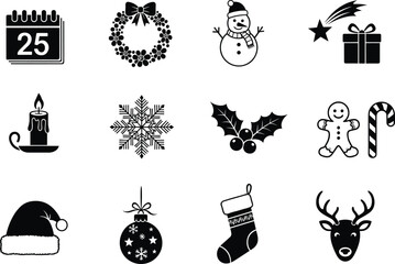 Christmas holiday icon set featuring snowman, wreath, gifts, snowflake, candle, holly, gingerbread, stocking, reindeer, festive winter celebration symbols