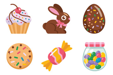 Detailed flat vector icons for spring, showing cupcake, bunny, eggs, representing easter sweets and holiday treats,