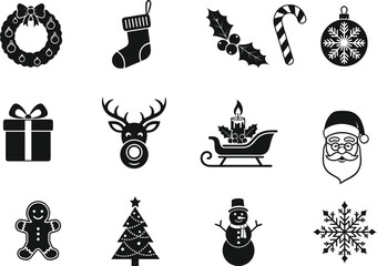 Christmas holiday icon set featuring wreath, stocking, holly, candy cane, ornament, gift, reindeer, sleigh, Santa, gingerbread, tree, snowman, snowflake