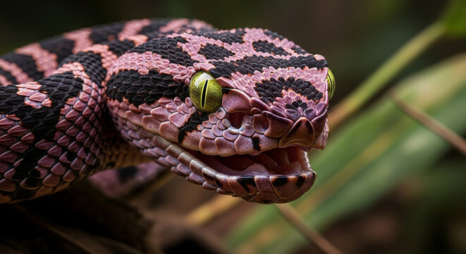 Captivating eyelash viper with stunning green eyes and intricate patterned scales, a striking example of wildlife and nature's artistry, ideal for conservation projects