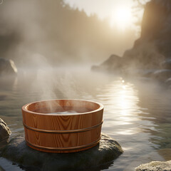 山の天然温泉の池のほとりの木製トレイ