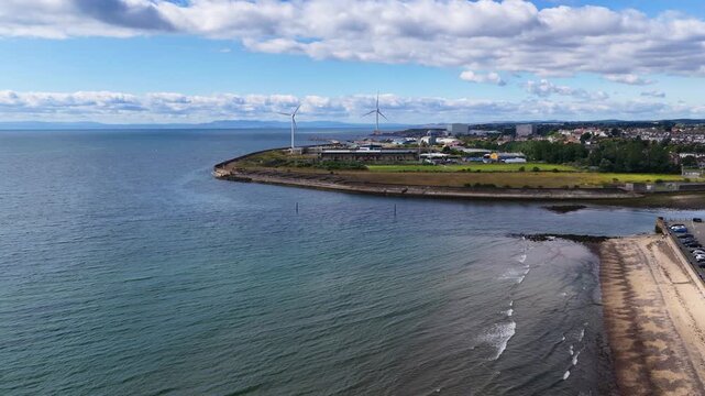 Aerial View of Fife Coastal Industrial Area with Wind Turbines