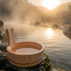 山の天然温泉の池のほとりの木製トレイ