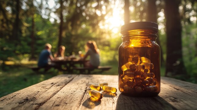 Amber glass bottle of magnesium capsules with 500mg dosage label placed on rustic wooden table with morning sunlight streaming through pine trees, blurred silhouette of family enjoying outdoor