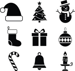 Christmas holiday icon set with Santa hat, tree, snowman, stocking, gift, ornament, candy cane, bell, candle silhouette illustrations