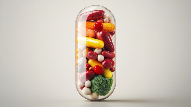 Cutaway diagram of translucent vitamin capsule packed with anatomically perfect miniature produce and legumes, photorealistic 3D illustration, clean background emphasizing capsule contents
