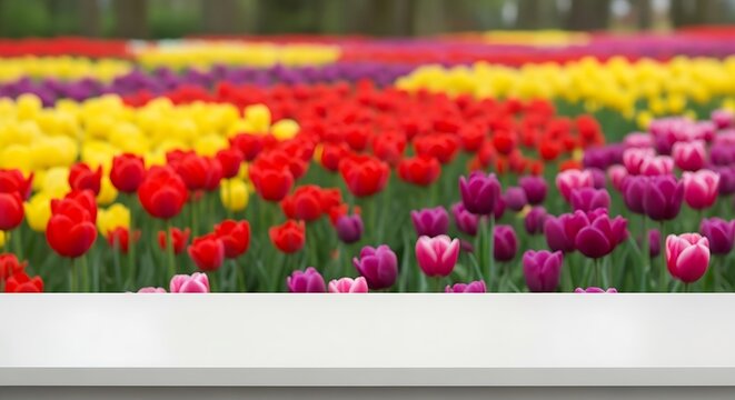 Colorful tulip field with a white counter in the foreground, spring season