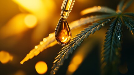 Macro photography of viscous amber CBD oil droplet falling from glass pipette onto textured cannabis leaf, backlit to highlight oil's translucency, scientific aesthetic, pharmaceutical grade