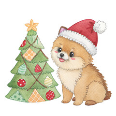Patchwork Style Dogs Santa Hat Cristmas Day Clipart White Background