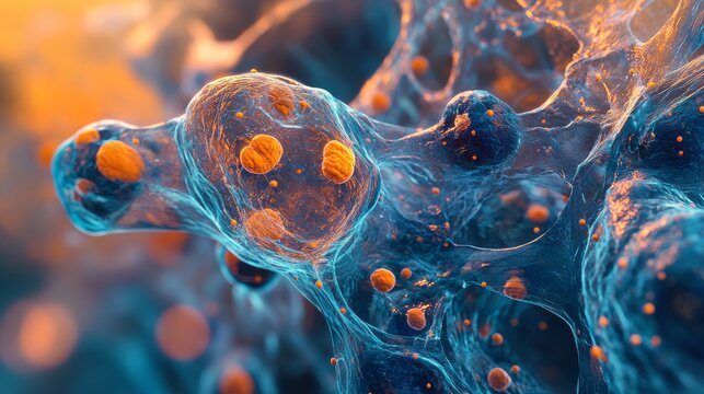 Microscopic 3D visualization of adipose tissue undergoing lipolysis process, detailed adipocytes shrinking as lipid contents disperse, surrounding tissue becoming more defined, scientific accuracy