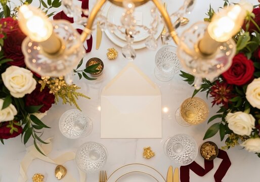 Elegant festive table setting with a blank invitation, red roses, golden decorations, and a glowing chandelier. - Powered by Adobe