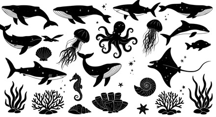 Marine life cosmic silhouette set