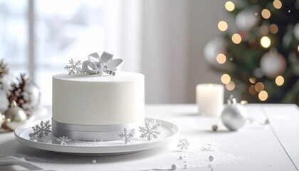雪の結晶とシルバーリボンの白いケーキの冬のコピースペース 4kリアリスティック
