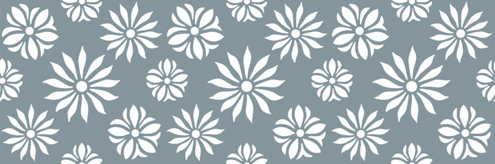 Seamless white floral pattern on gray background, elegant abstract daisy design, modern minimalist decorative wallpaper for fabric, wrapping, and stylish interior decoration.