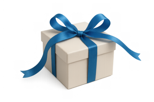 White gift box with a prominent blue ribbon bow, symbolizing celebration, generosity, and surprise on a transparent background