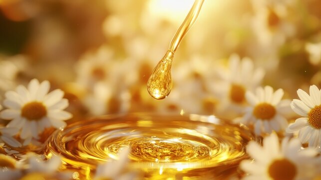 High-speed photography capturing moment of impact as chamomile oil droplet touches surface of oil in artisanal glass vial, sunlit herbarium background, oil's golden hue glowing with backlight,