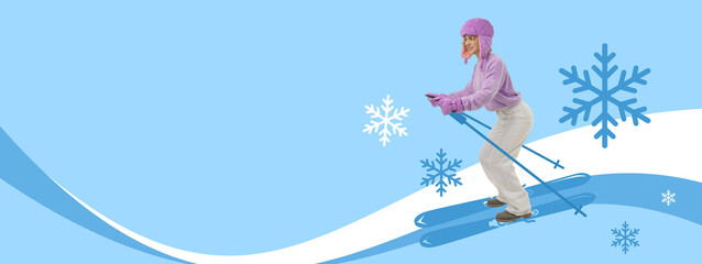 Woman skiing on a snowy slope with blue and white background