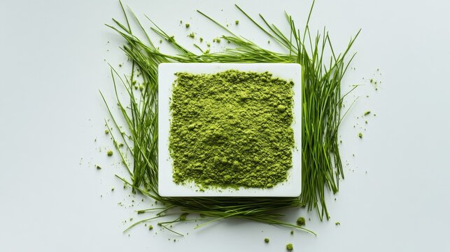 Premium product photography of precisely arranged wheat grass powder forming perfect square frame on immaculate white surface, fine particulate texture visible in macro detail, subtle shadows