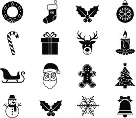 Christmas holiday icon set with wreath, stocking, holly, ornament, candy cane, gift, reindeer, candle, sleigh, Santa, snowman, tree, bell symbols