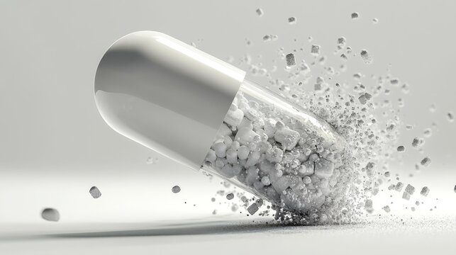 Ultra-detailed 3D render capturing exact moment white pharmaceutical capsule splits open, crystalline remedy particles creating elegant plume against spotless white environment, laboratory-grade