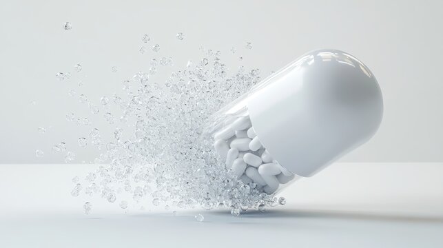 Ultra-detailed 3D render capturing exact moment white pharmaceutical capsule splits open, crystalline remedy particles creating elegant plume against spotless white environment, laboratory-grade