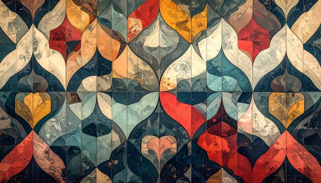 A vibrant, geometric pattern featuring overlapping petal-like shapes and a rich tapestry of colors, reminiscent of stained glass - Powered by Adobe