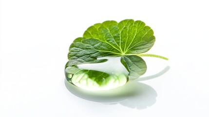 Single crystalline drop of emerald green Gotu kola essential oil suspended with fresh Centella asiatica leaf embedded inside, pure white background, ultra-detailed macro photography showing oil's