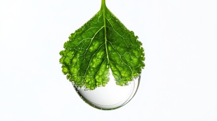 Suspended drop of crystal-clear Gotu kola extract with anatomically perfect fresh green leaf suspended inside, immaculate white background, ultra high-definition showcasing leaf's cellular structure