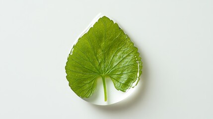 Suspended drop of crystal-clear Gotu kola extract with anatomically perfect fresh green leaf suspended inside, immaculate white background, ultra high-definition showcasing leaf's cellular structure