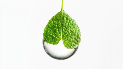 Suspended drop of crystal-clear Gotu kola extract with anatomically perfect fresh green leaf suspended inside, immaculate white background, ultra high-definition showcasing leaf's cellular structure