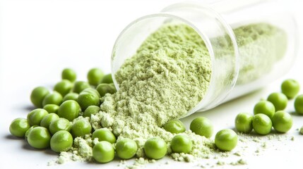 Transparent measuring scoop overflowing with pale green plant protein powder next to pile of bright green fresh peas, white seamless background, crisp shadows, studio lighting, nutritional supplement