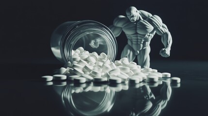 Transparent plastic pill bottle with white pharmaceutical tablets spilling onto reflective surface casting shadow shaped like massive bodybuilder flexing muscles, dramatic lighting creating ominous