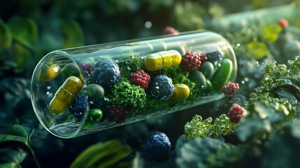 Transparent vitamin pill revealing densely packed botanical ingredients including vivid greens, berries, nuts and legumes, photorealistic 3D visualization, scientific aesthetic with immaculate