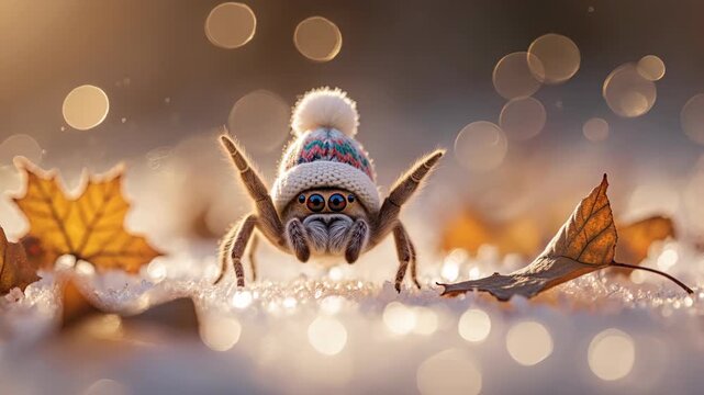 Friendly jumping spider in a colorful knitted hat waving hello in a frosty autumn setting
