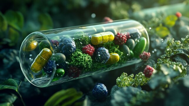Transparent vitamin pill revealing densely packed botanical ingredients including vivid greens, berries, nuts and legumes, photorealistic 3D visualization, scientific aesthetic with immaculate
