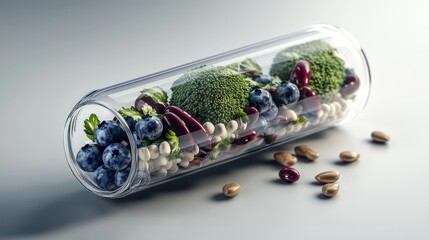 Cross-sectional view of clear nutrient pill filled with microscopic broccoli, blueberries, walnuts and kidney beans, hyper-detailed 3D render, scientific lighting revealing natural medicine concept