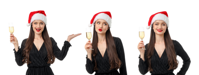 Woman wearing a Santa hat holding champagne glass, isolated, PNG