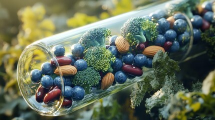 Cross-sectional view of clear nutrient pill filled with microscopic broccoli, blueberries, walnuts and kidney beans, hyper-detailed 3D render, scientific lighting revealing natural medicine concept