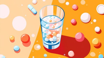Top-down view of stylized water glass surrounded by cartoon effervescent tablet icons in various shapes and colors, dynamic bubbling effect with geometric pattern of rising carbonation, clean vector