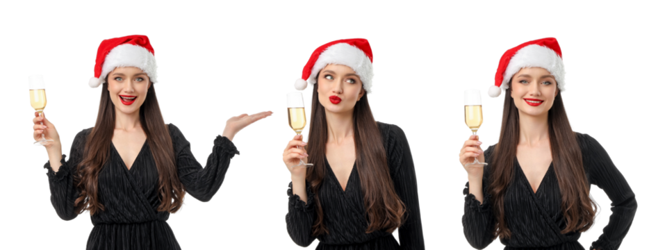 Woman wearing a Santa hat holding champagne glass, isolated, PNG