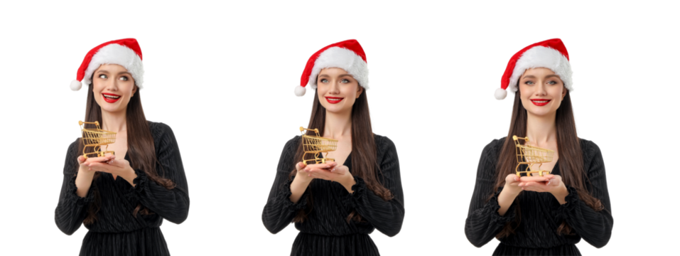 Woman in black dress, Santa hat with decorations, isolated, PNG