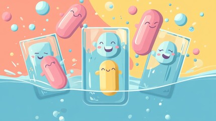 Whimsical cartoon vector illustration of anthropomorphized effervescent tablets with smiling faces diving into water glass, exaggerated fizzing action with dynamic splash effects, simplified