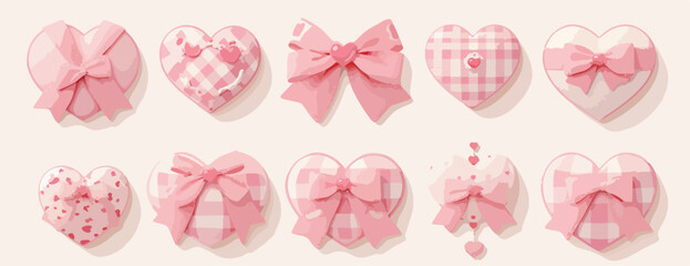 사랑스러운 핑크색 하트 모양 일러스트 모음, 리본과 패턴으로 장식된 귀여운 디자인