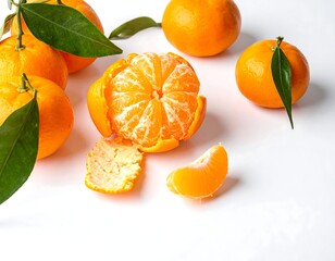 Close-up of peeled orange fruit with others, leaves, white background