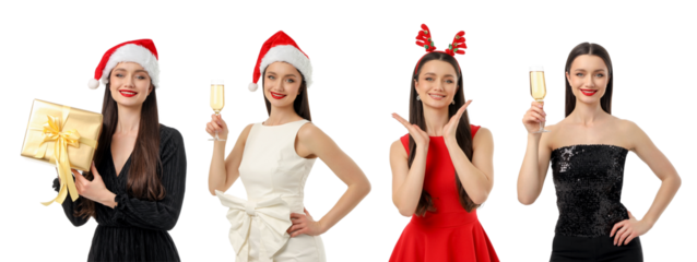 Four women in festive wear pose with gifts, isolated, PNG