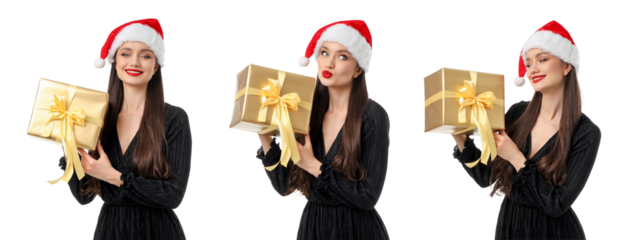 Woman in Christmas hat holds gold gift box, isolated, PNG