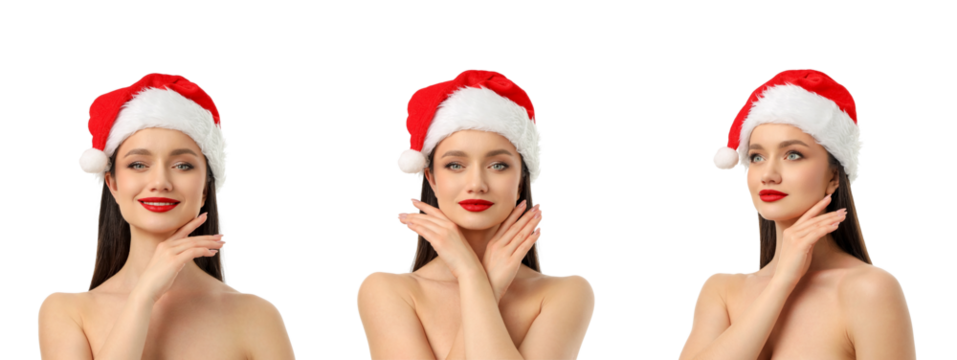 Model demonstrates cheerful poses wearing Santa hat, isolated, PNG