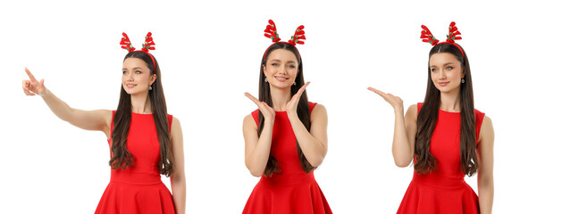 Young woman in red dress poses with festive antlers, isolated, PNG
