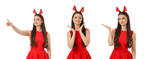 Young woman in red dress poses with festive antlers, isolated, PNG